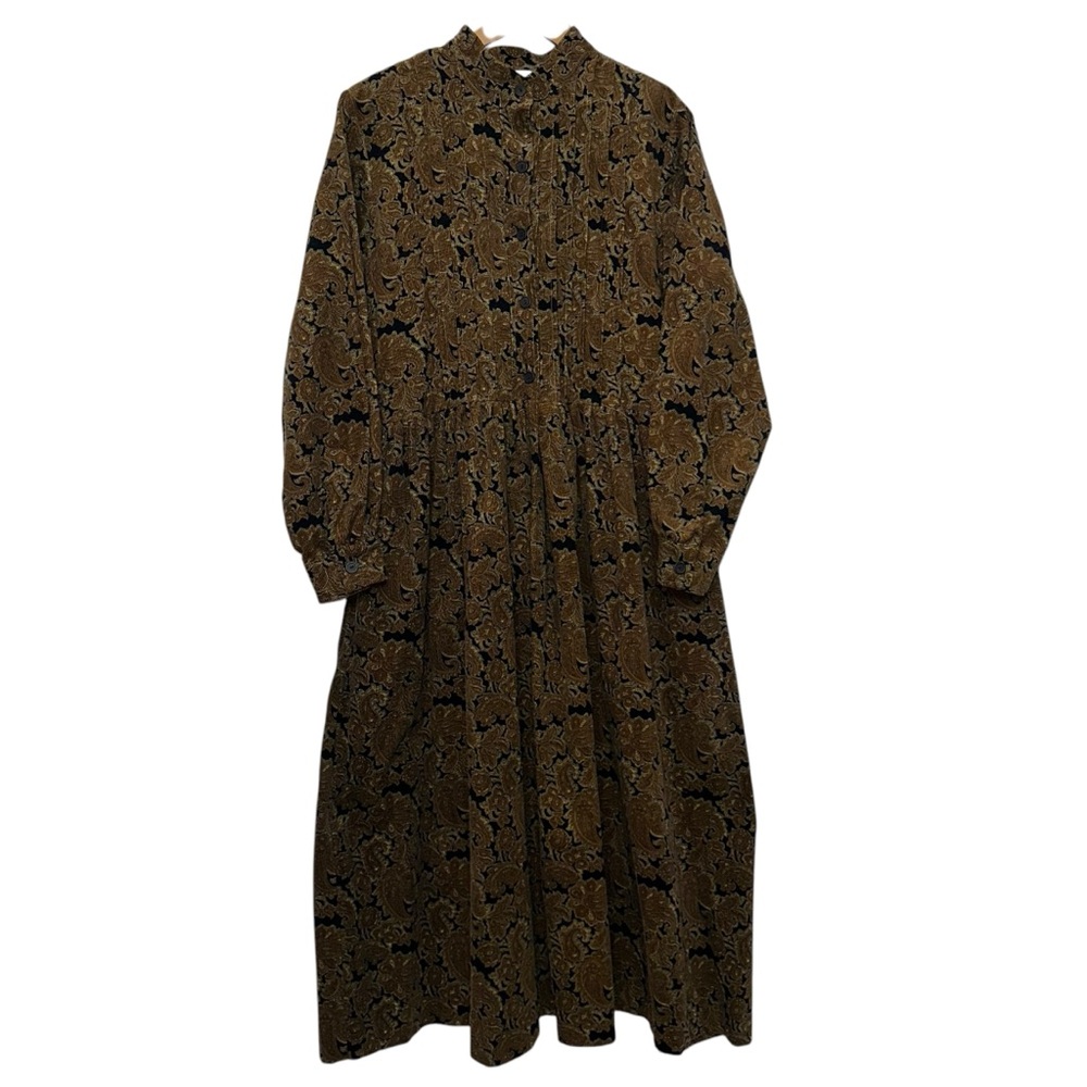 My Secret Shelf corduroy shirt dress w abstract floral paisley print brown/black